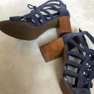 Blue Suede Lace Up Block Heel